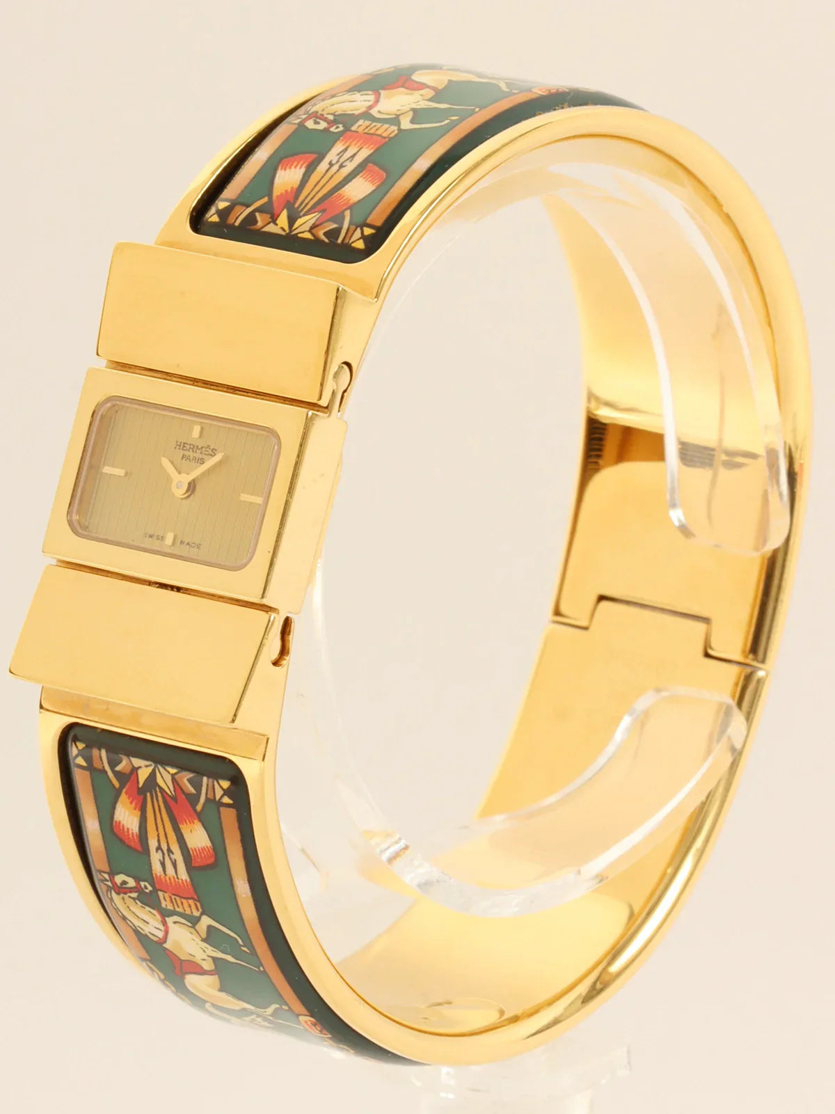 HERMES Loquet Enamel Bangle Watch Gold/Green