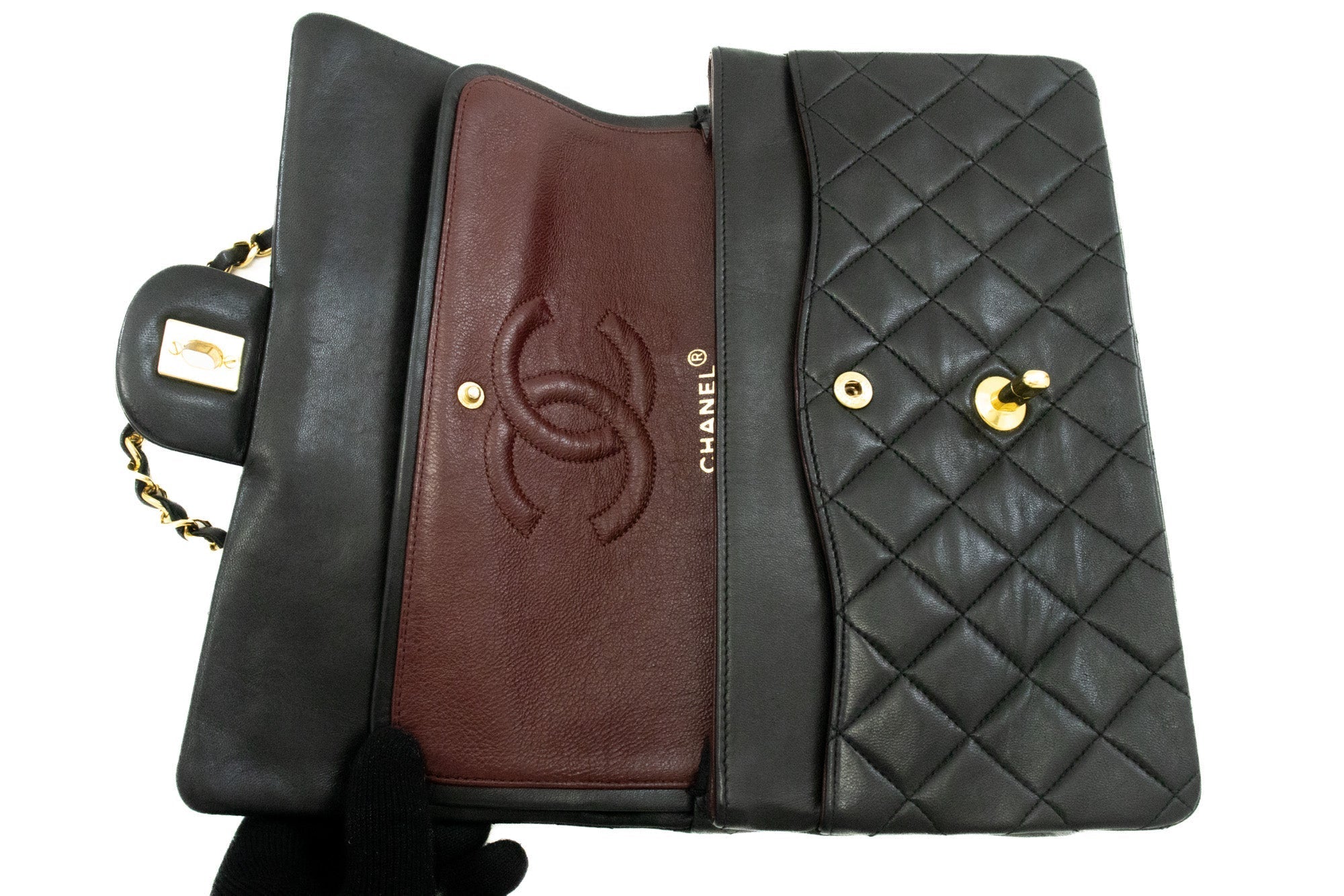 CHANEL Classic Double Flap 10" Chain Shoulder Bag Black Lambskin k62