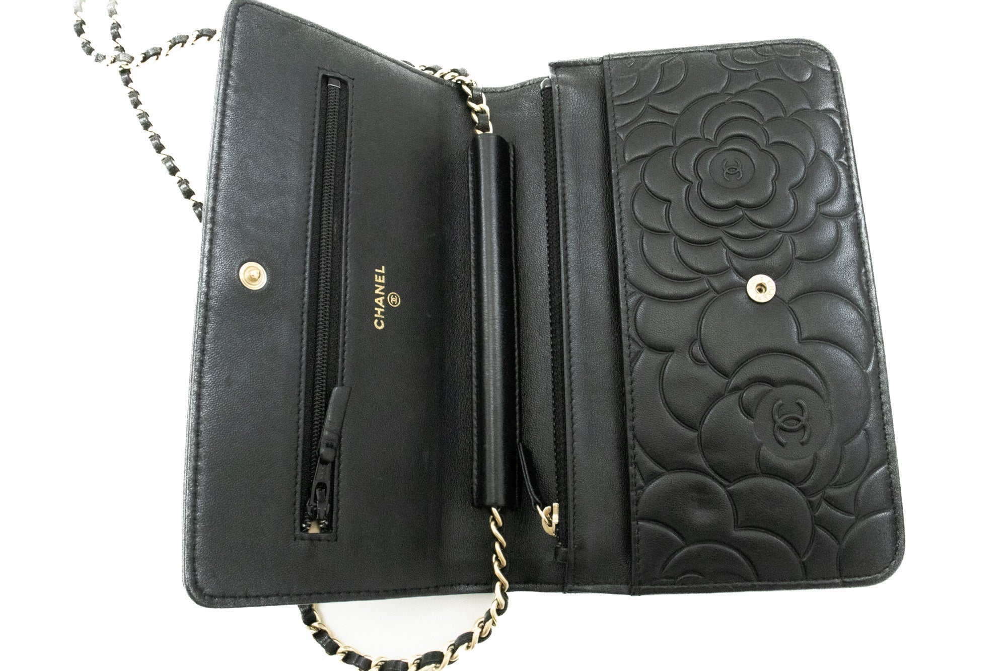 CHANEL Black Camellia Embossed Wallet On Chain WOC Shoulder Bag k53