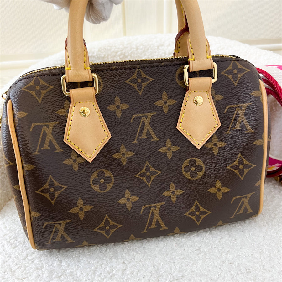 LV Speedy Bandouliere 20 in Monogram Canvas and Pink Patterned Strap