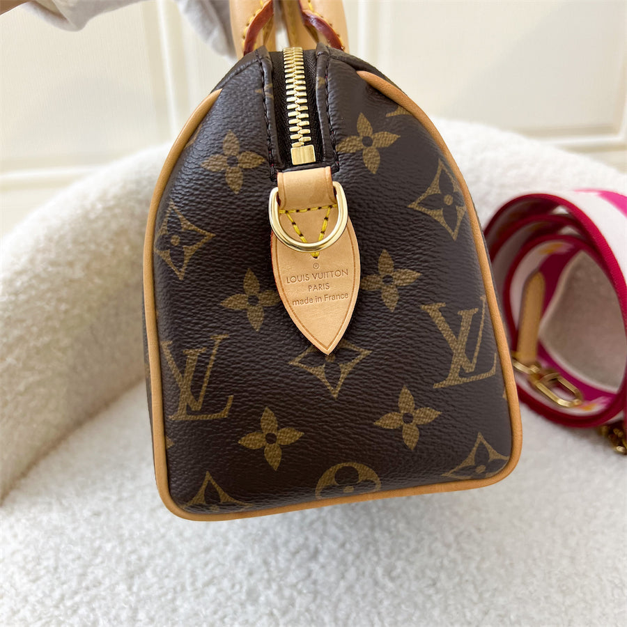 LV Speedy Bandouliere 20 in Monogram Canvas and Pink Patterned Strap