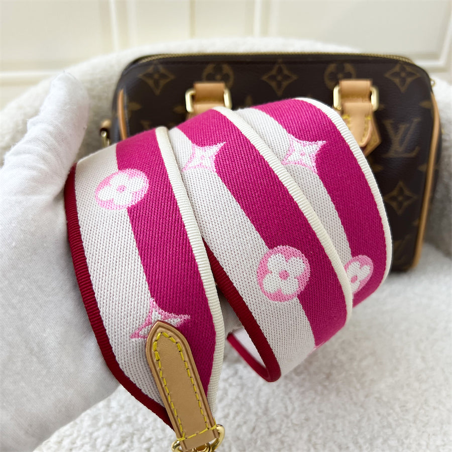 LV Speedy Bandouliere 20 in Monogram Canvas and Pink Patterned Strap