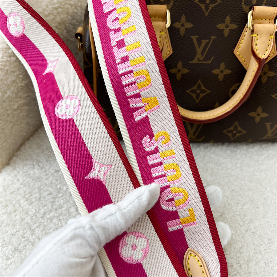 LV Speedy Bandouliere 20 in Monogram Canvas and Pink Patterned Strap