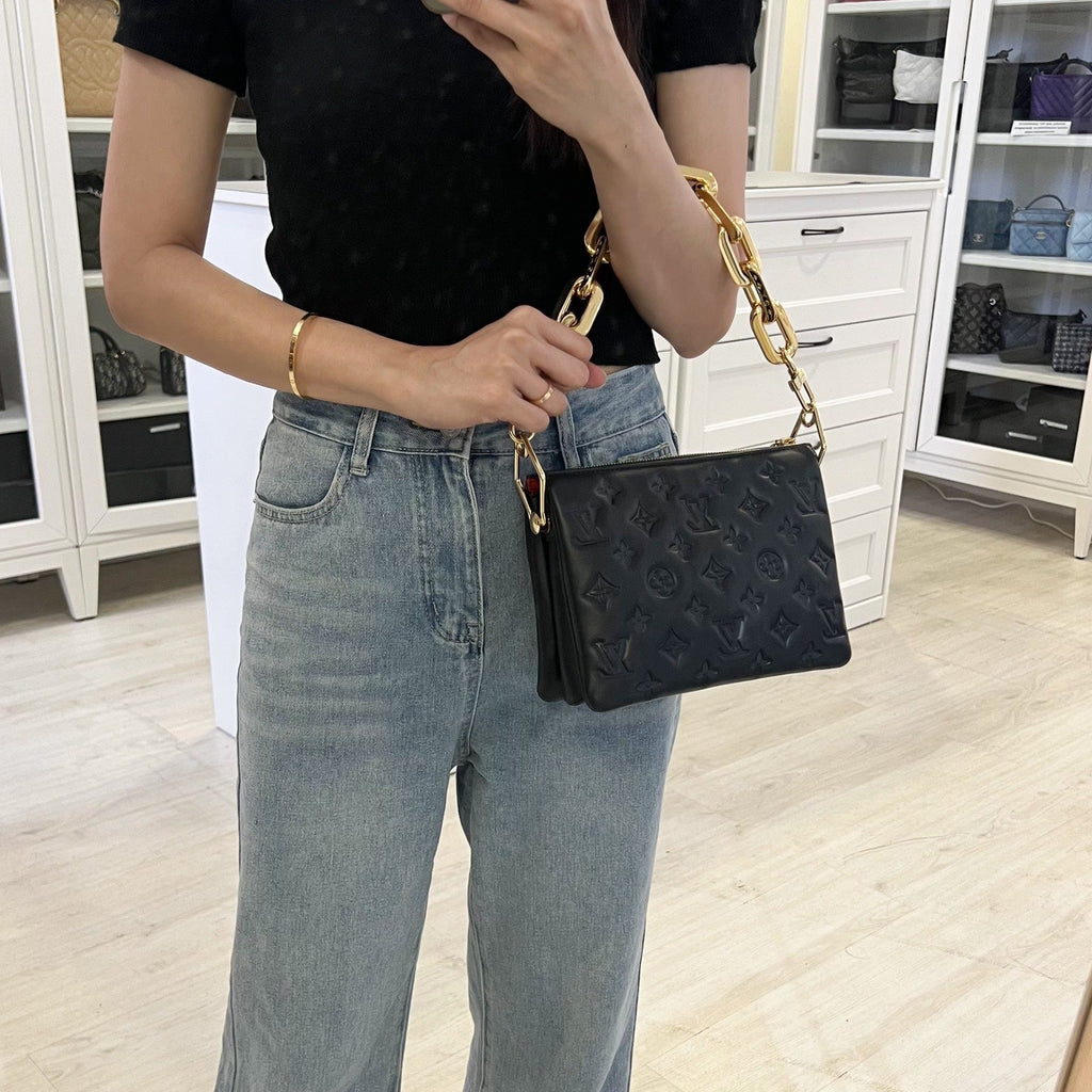 LV Coussin BB Handbag in Black Puffy Embossed Lambskin and GHW (Model: M20574)