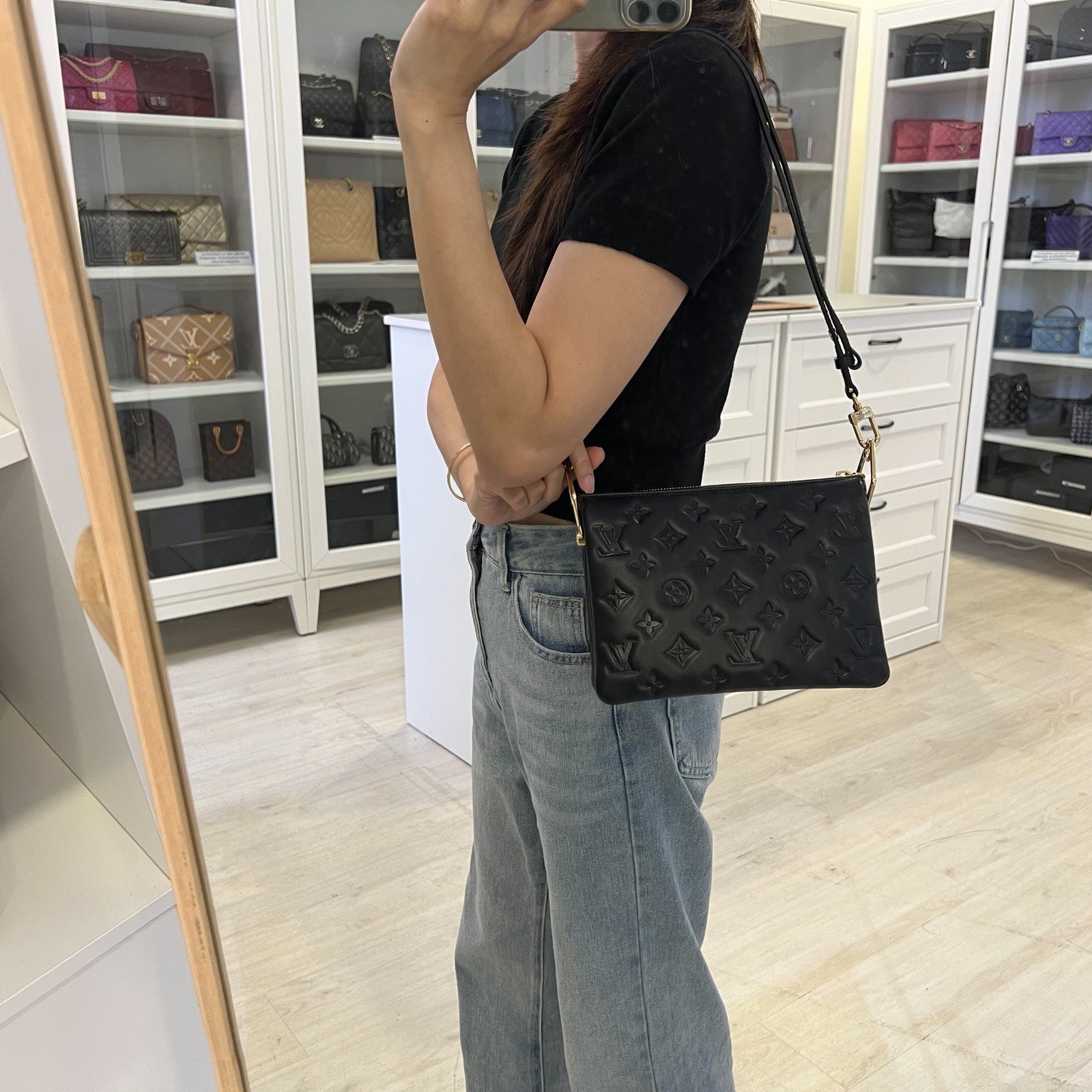 LV Coussin BB Handbag in Black Puffy Embossed Lambskin and GHW (Model: M20574)