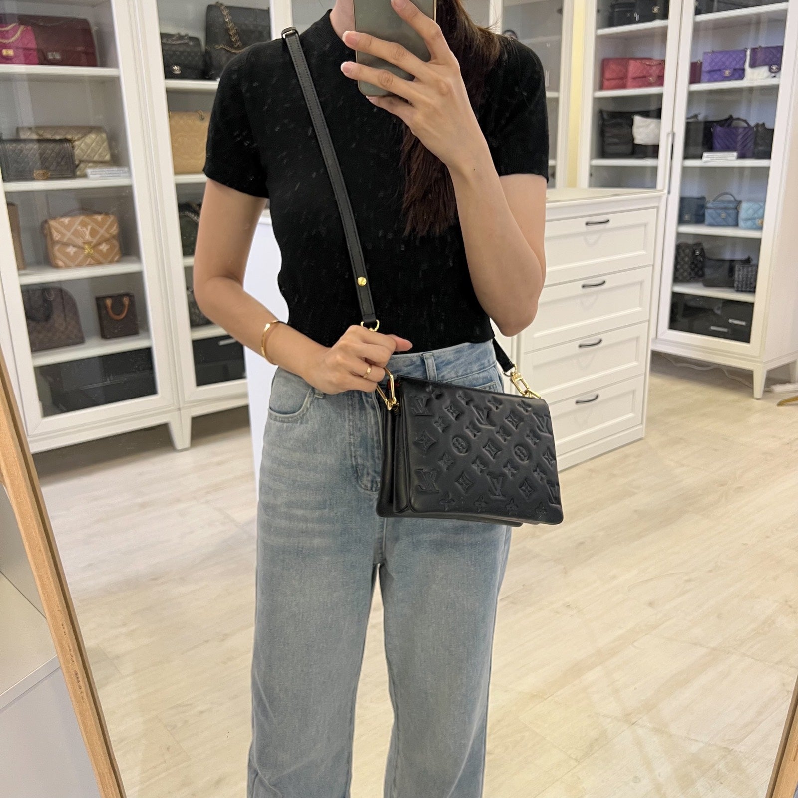 LV Coussin BB Handbag in Black Puffy Embossed Lambskin and GHW (Model: M20574)
