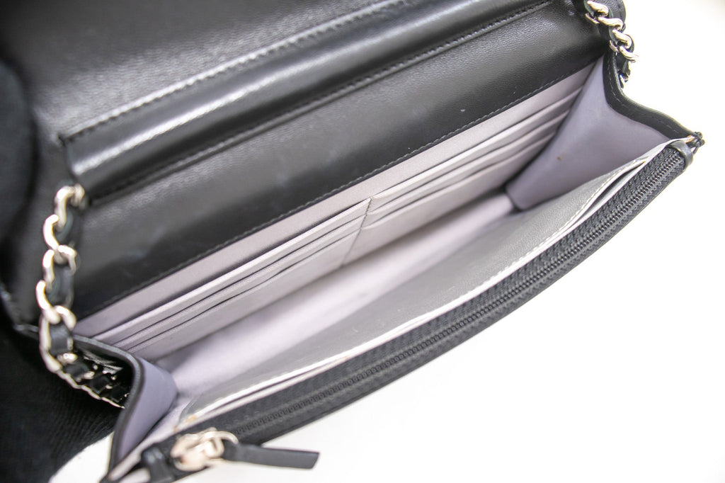 CHANEL Black Camellia Embossed Wallet On Chain WOC Shoulder Bag k68