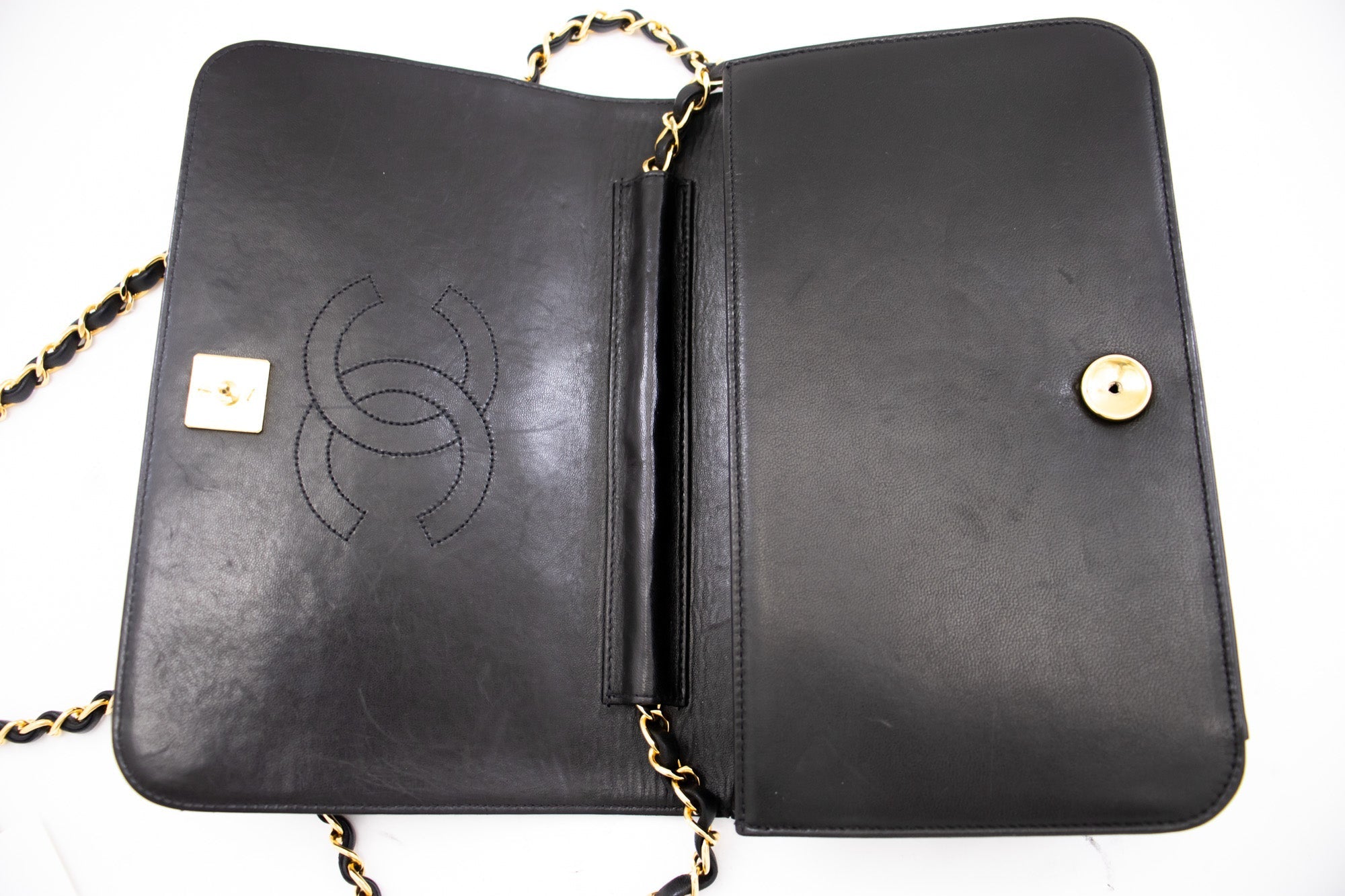 CHANEL Full Flap Chain Shoulder Bag Clutch Black Quilted Lambskin k82
