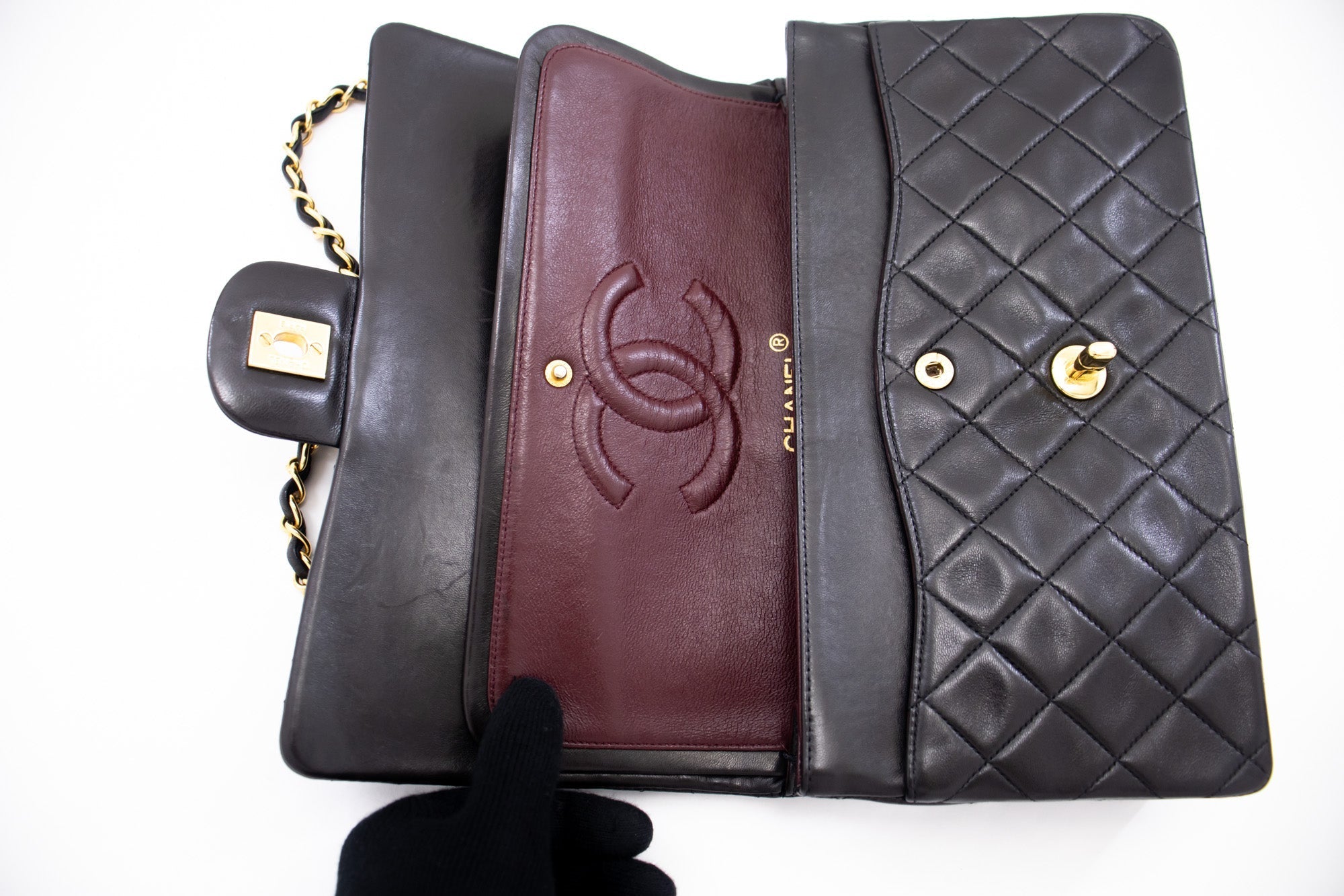 CHANEL Classic Double Flap 10" Chain Shoulder Bag Black Lambskin k72