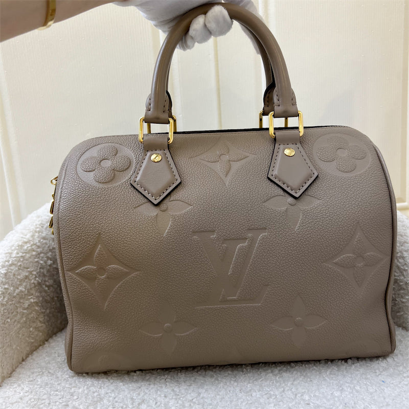 LV Speedy Bandouliere 25 in Tourterelle (Grey) Monogram Empreinte Leather and GHW