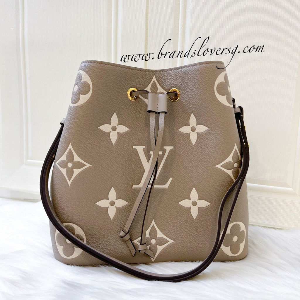 LV NeoNoe MM in Tourterelle Grey and Creme Giant Monogram Empreinte Leather and GHW