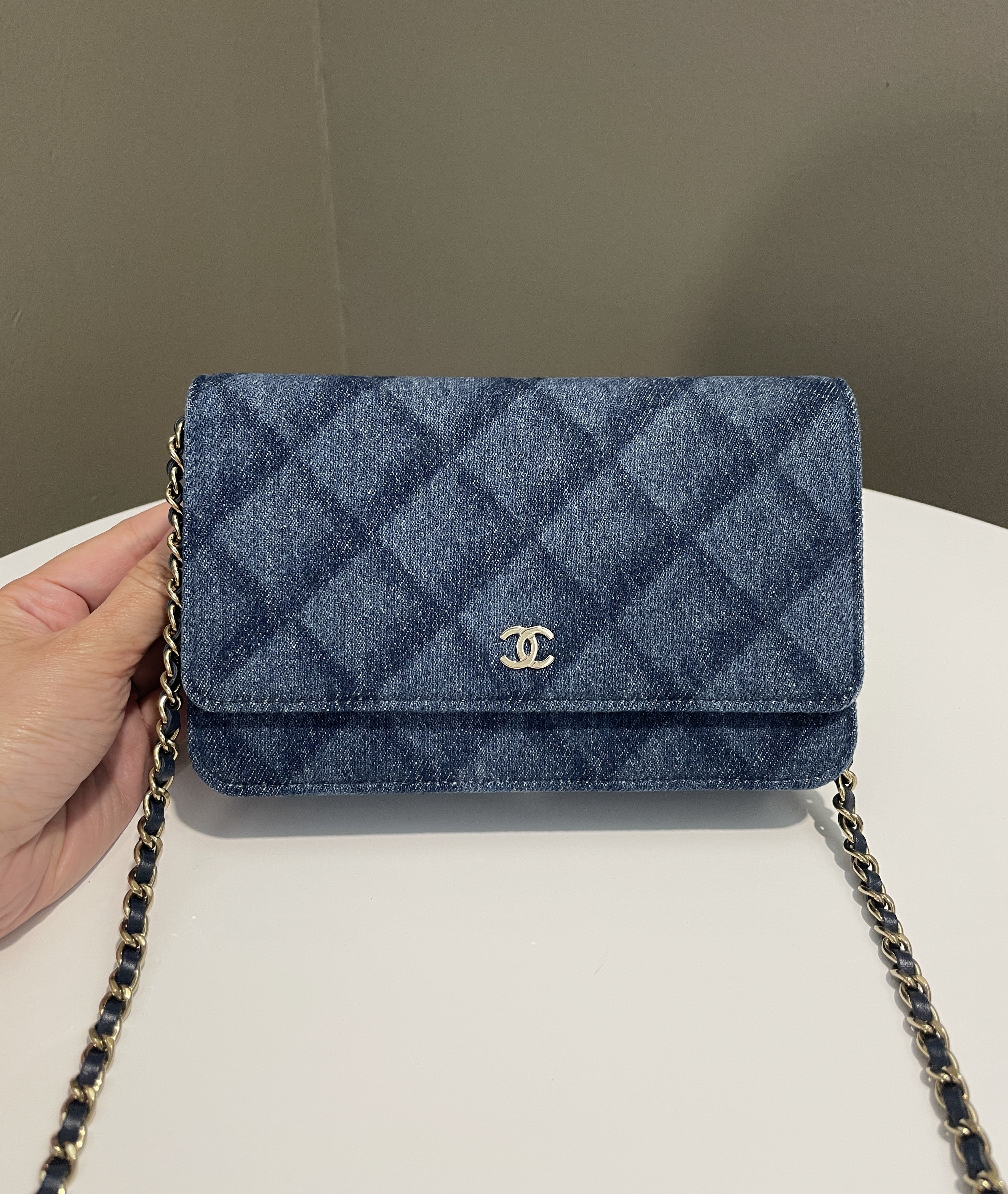 Chanel 22B Classic Quilted Wallet on Chain Blue Denim
