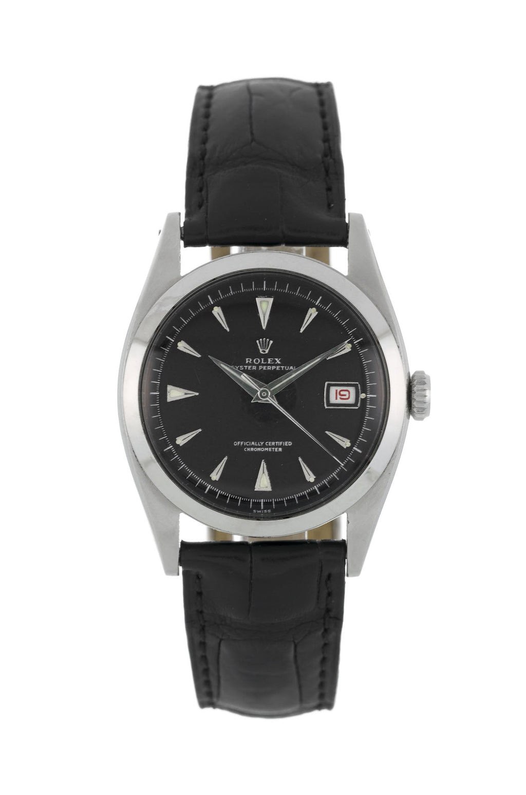ROLEX Ovettone Big Bubble Back steel watch with croco bracelet