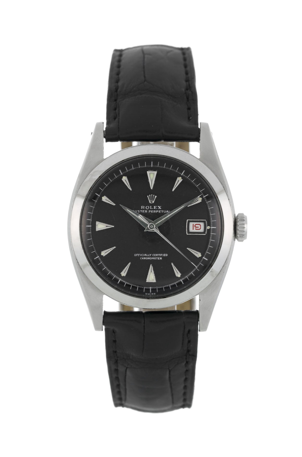 ROLEX Ovettone Big Bubble Back steel watch with croco bracelet
