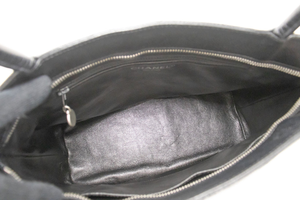 CHANEL Silver Medallion Caviar Shoulder Bag Shopping Tote Black SV k57