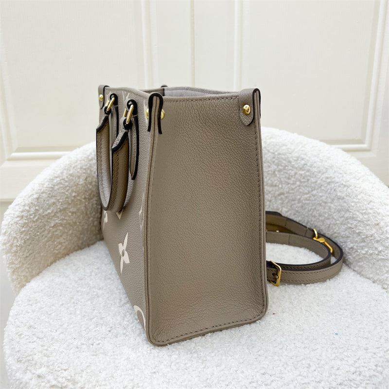LV Onthego PM in Tourterelle (Grey) / Creme Giant Monogram Empreinte Leather and GHW