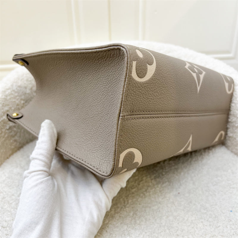 LV Onthego PM in Tourterelle (Grey) / Creme Giant Monogram Empreinte Leather and GHW