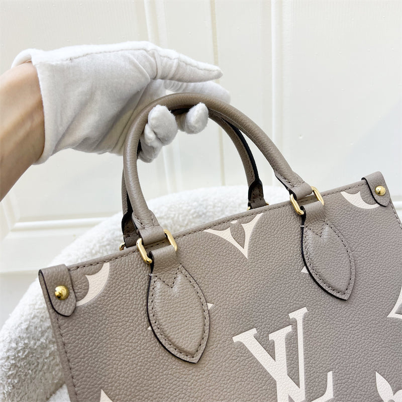 LV Onthego PM in Tourterelle (Grey) / Creme Giant Monogram Empreinte Leather and GHW