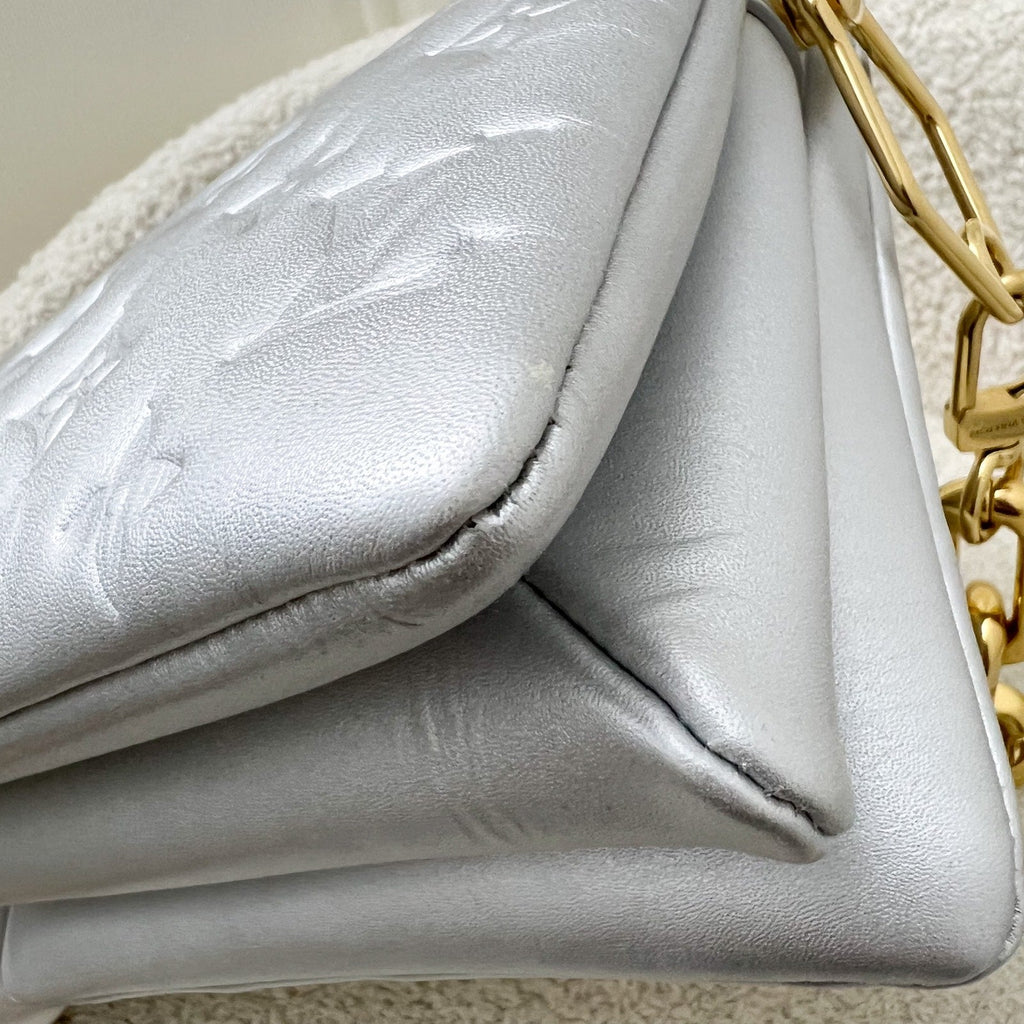 LV Pochette Coussin BB in Silver Monogram Embossed Puffy Lambskin and GHW