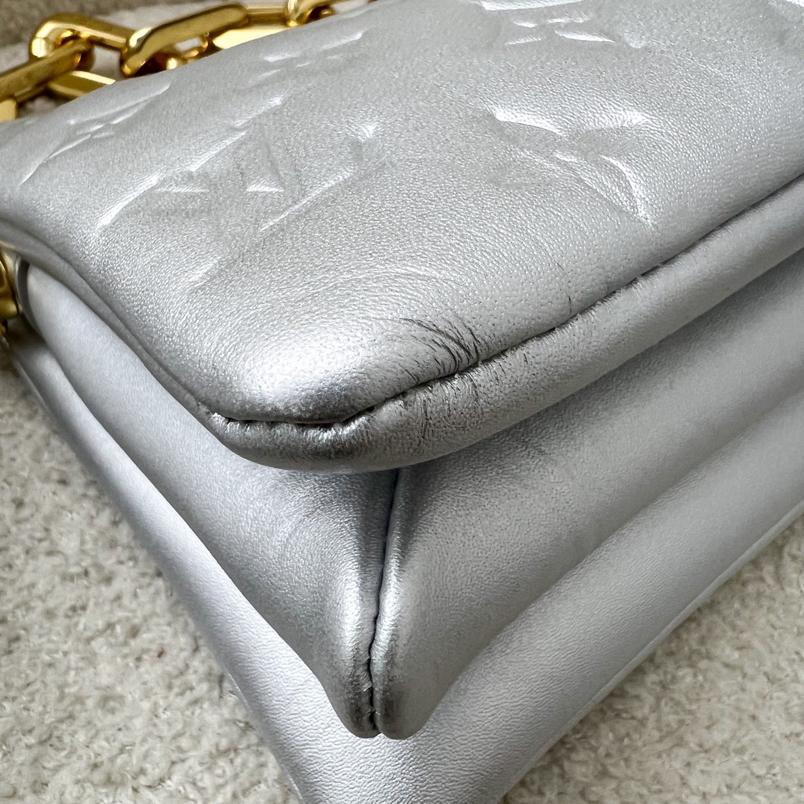 LV Pochette Coussin BB in Silver Monogram Embossed Puffy Lambskin and GHW