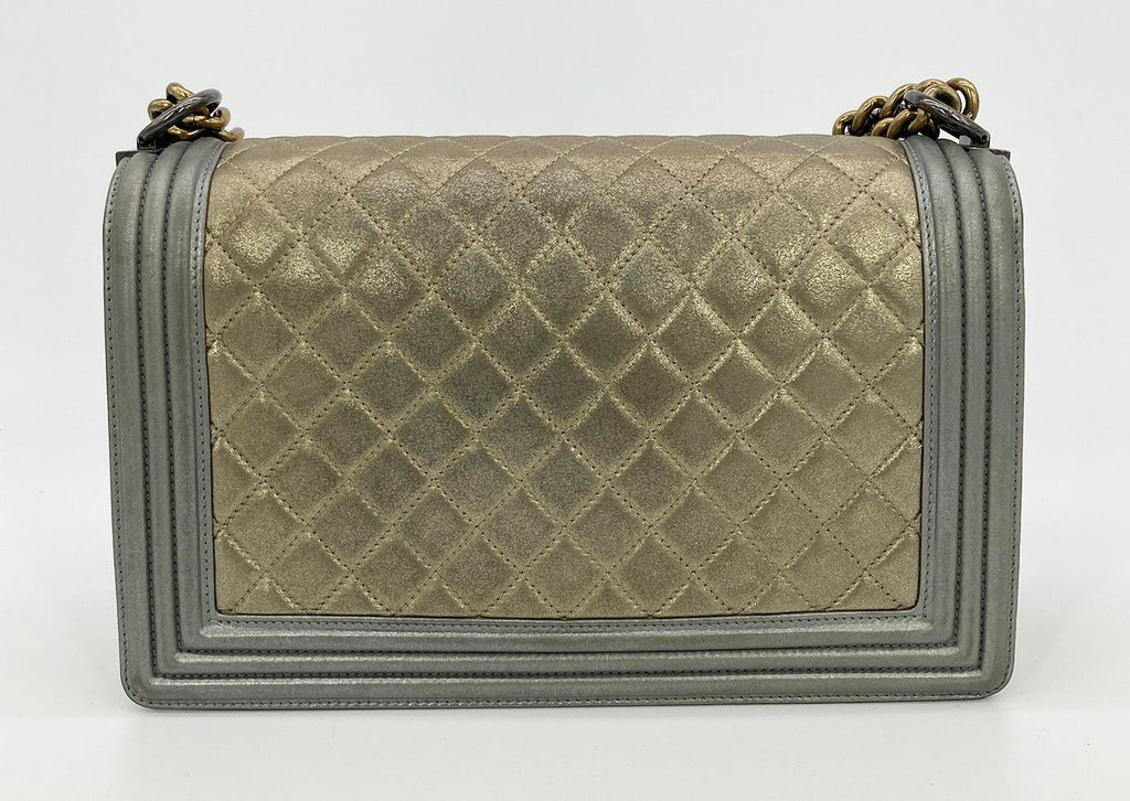 Chanel Gold Silver Leather Medium Boy Bag Classic Flap