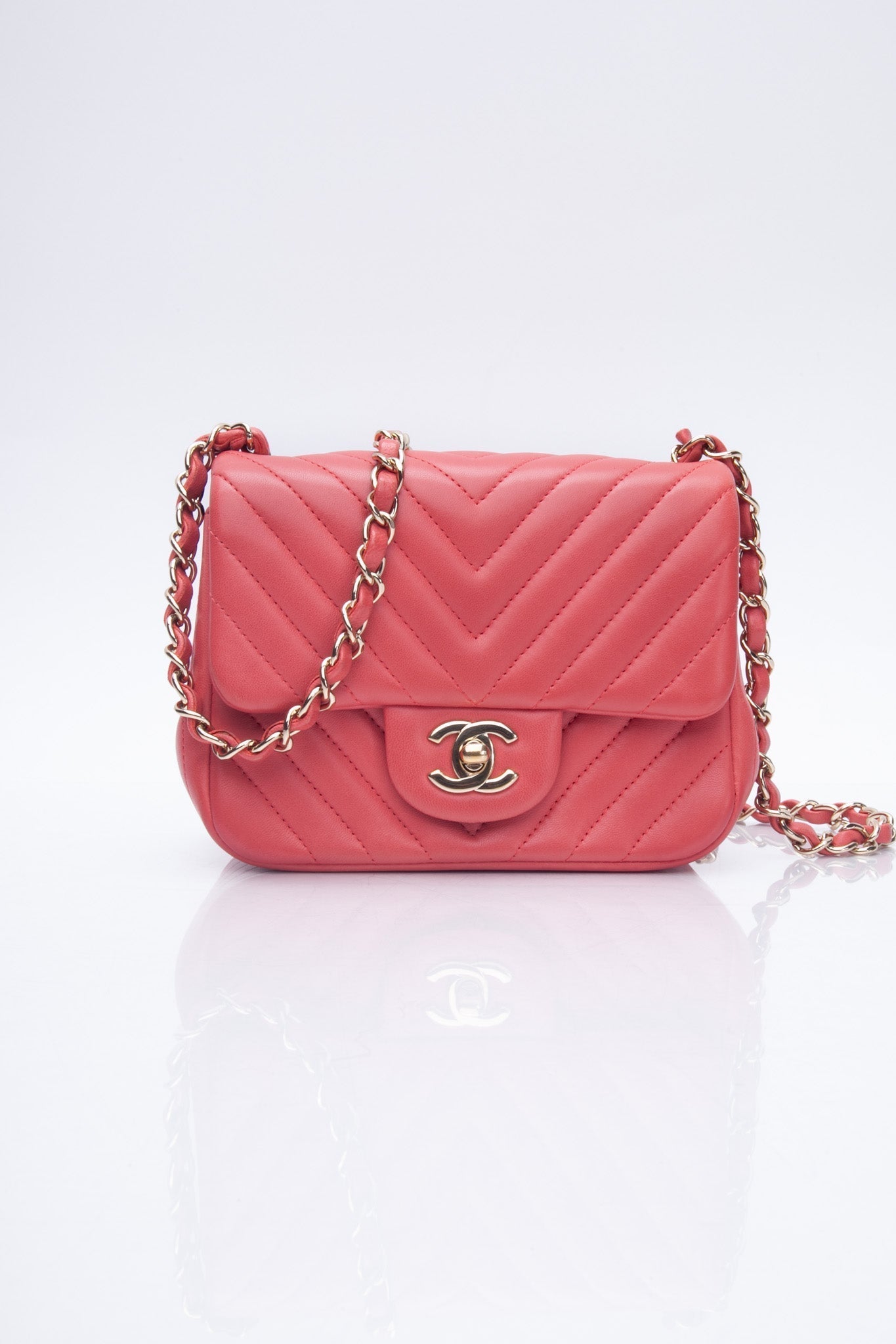 CHANEL Chevron Pink Lambskin Square Mini Flap Bag
