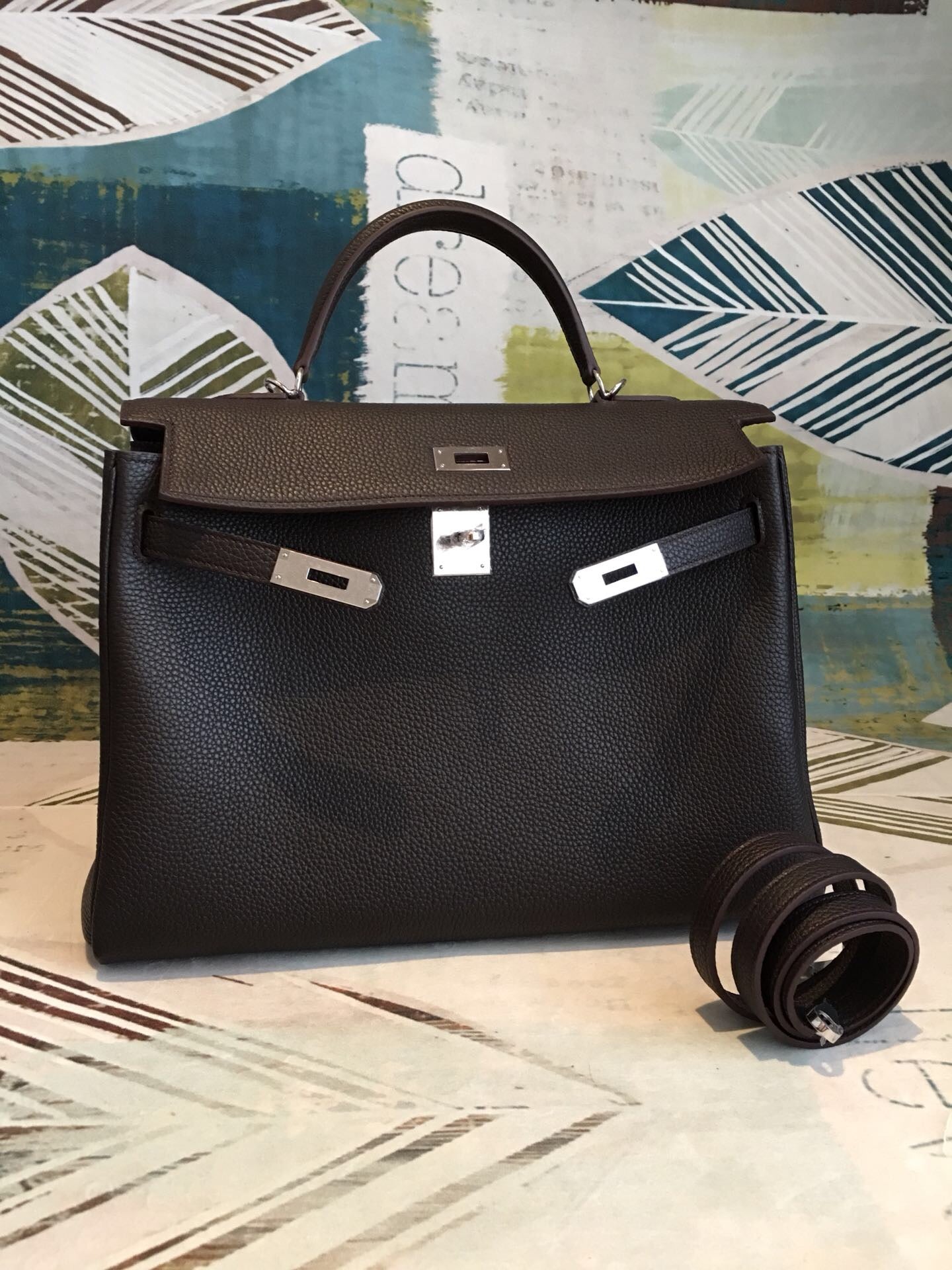 HM Kelly Retourne Black Togo Palladium Hardware For Women 11.2 inches/ 28 cm
