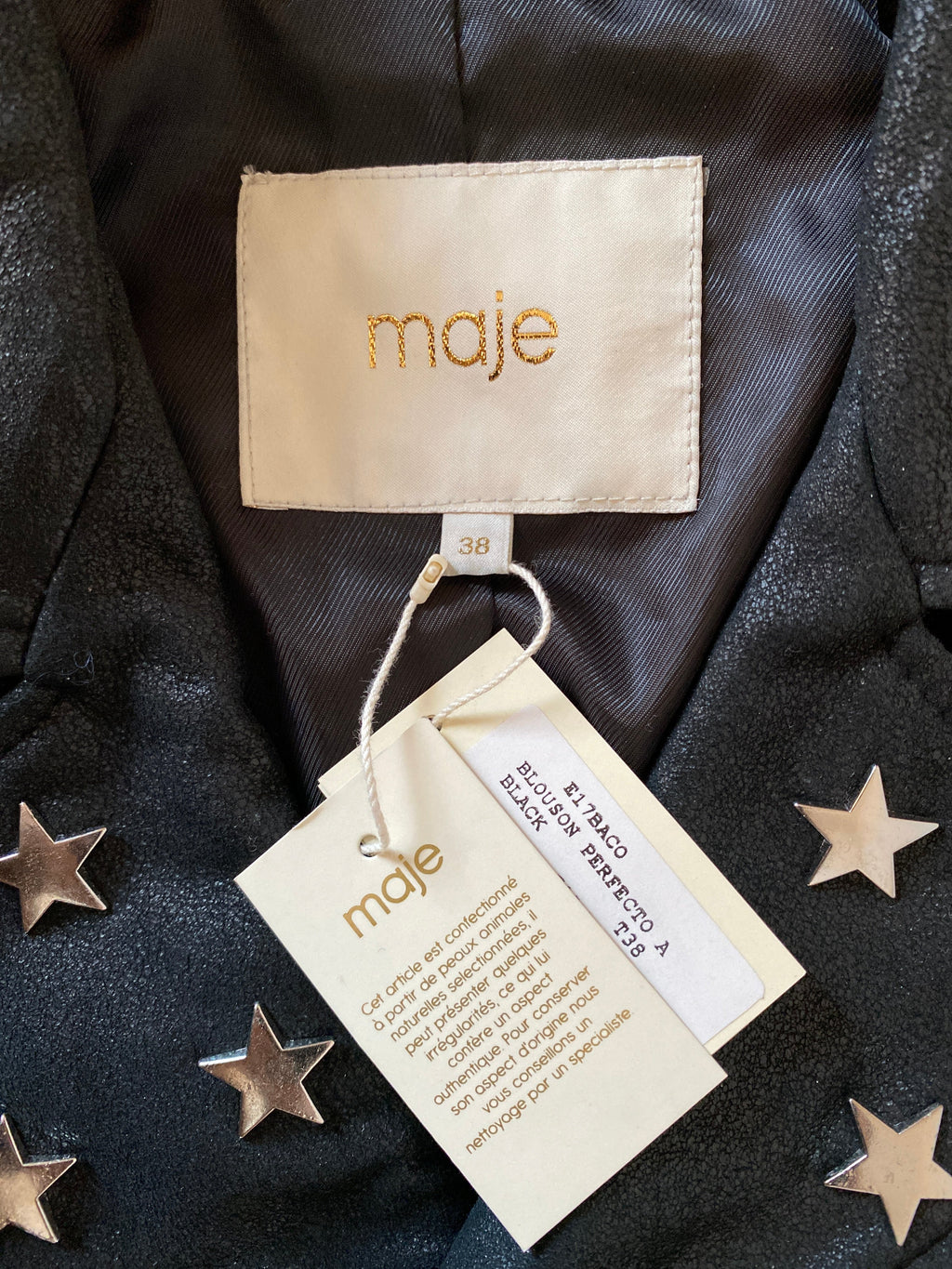 MAJE Star Studded Leather Jacket Black - Size FR 38 / T1