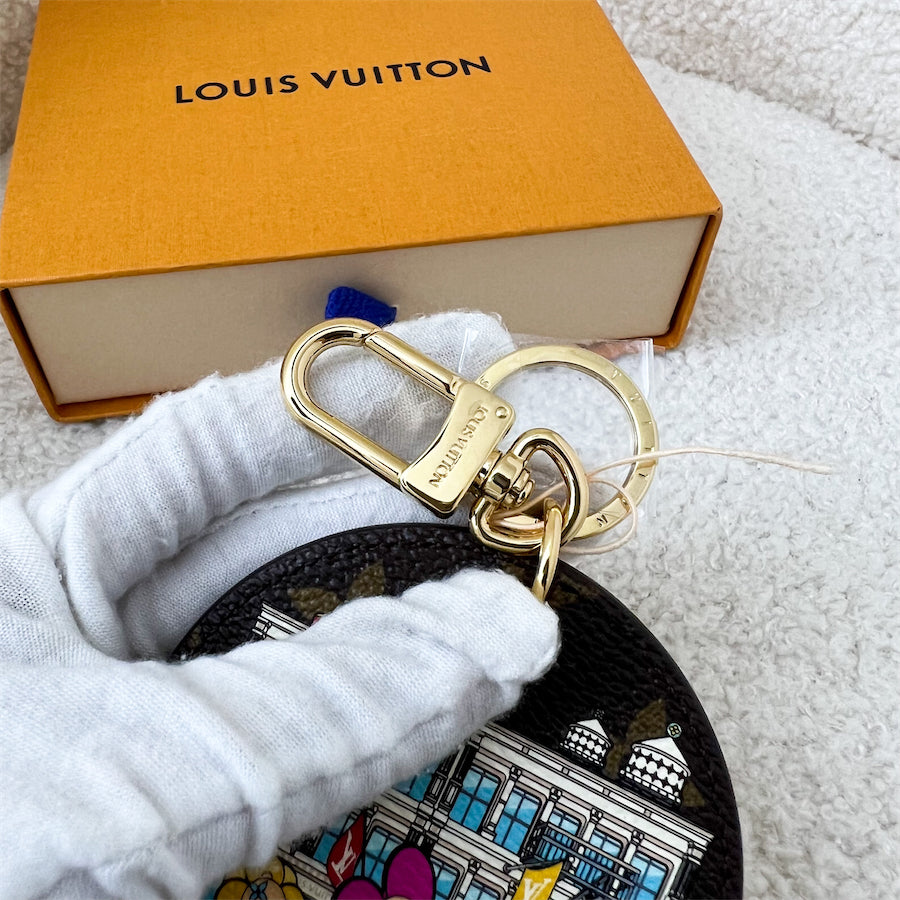 LV Christmas Animation 2022 New York Round Bag Charm in Monogram Canvas GHW