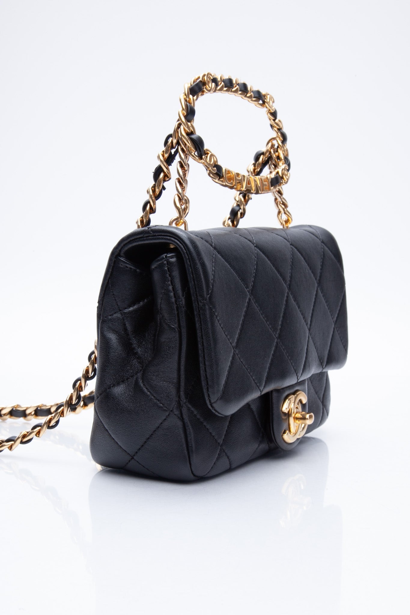 CHANEL Black Metal Quilted Lambskin Leather Mini Top Handle Square Flap Bag