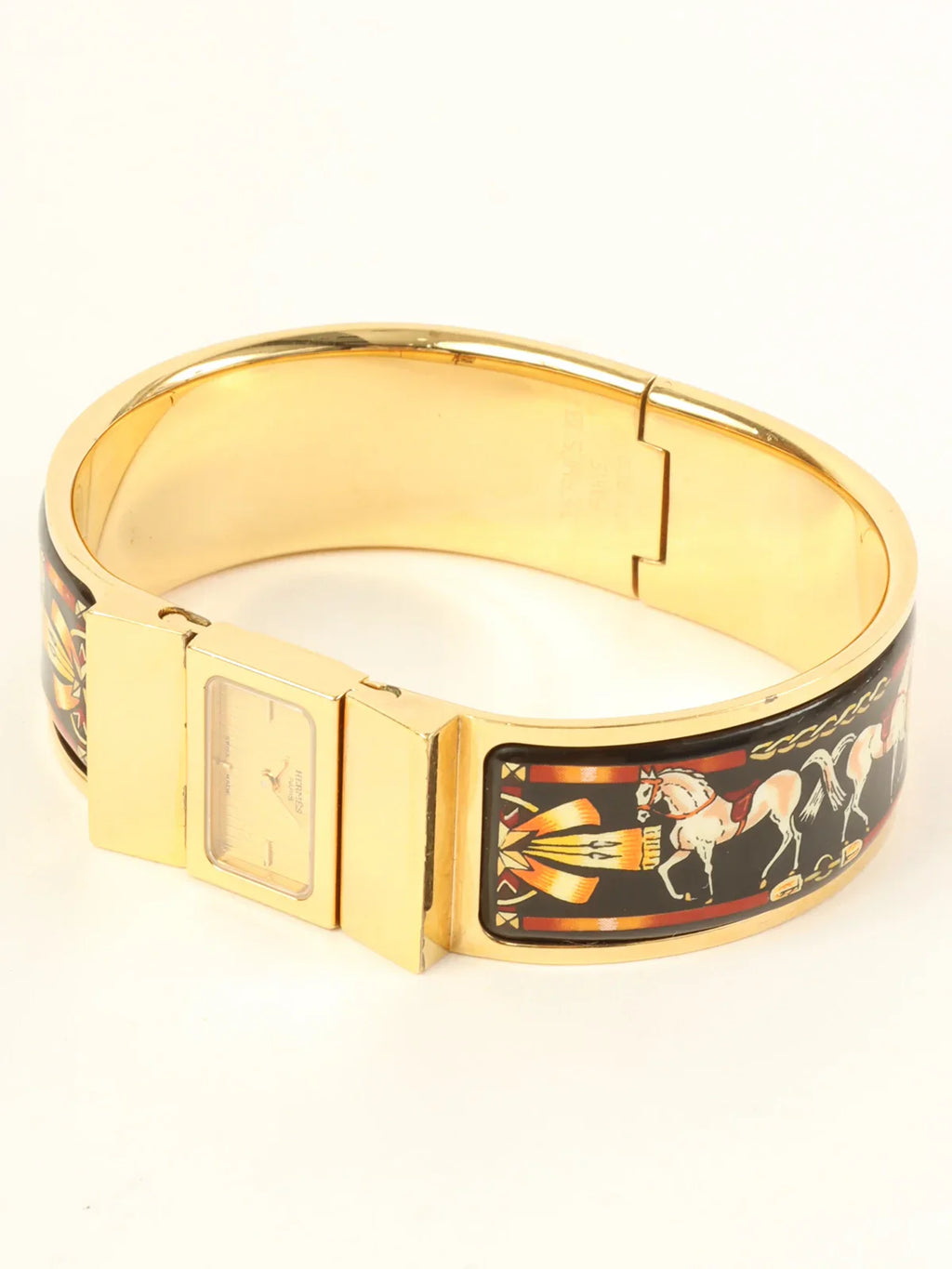 HERMES Loquet Enamel Bangle Watch Gold/Black
