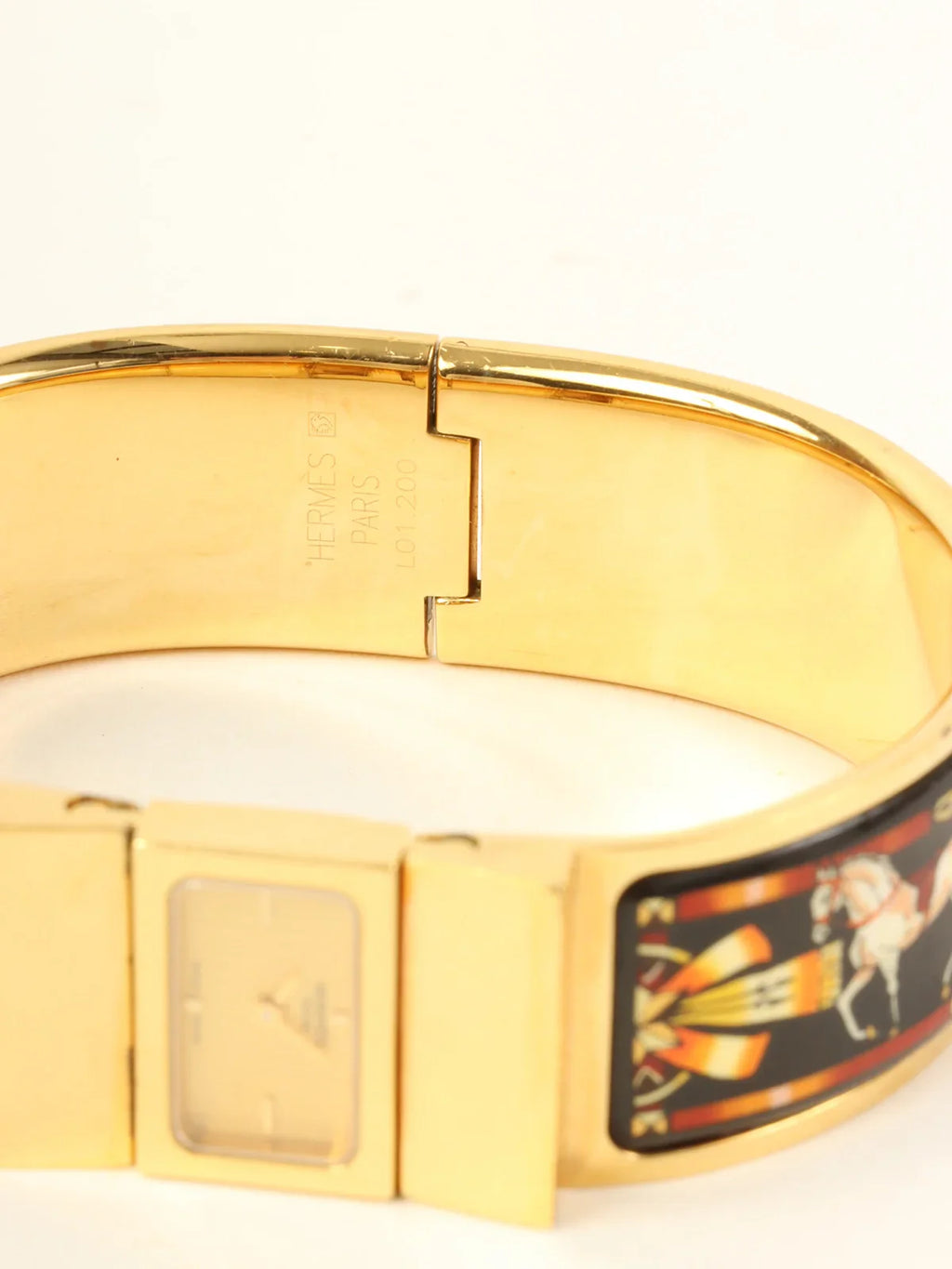 HERMES Loquet Enamel Bangle Watch Gold/Black