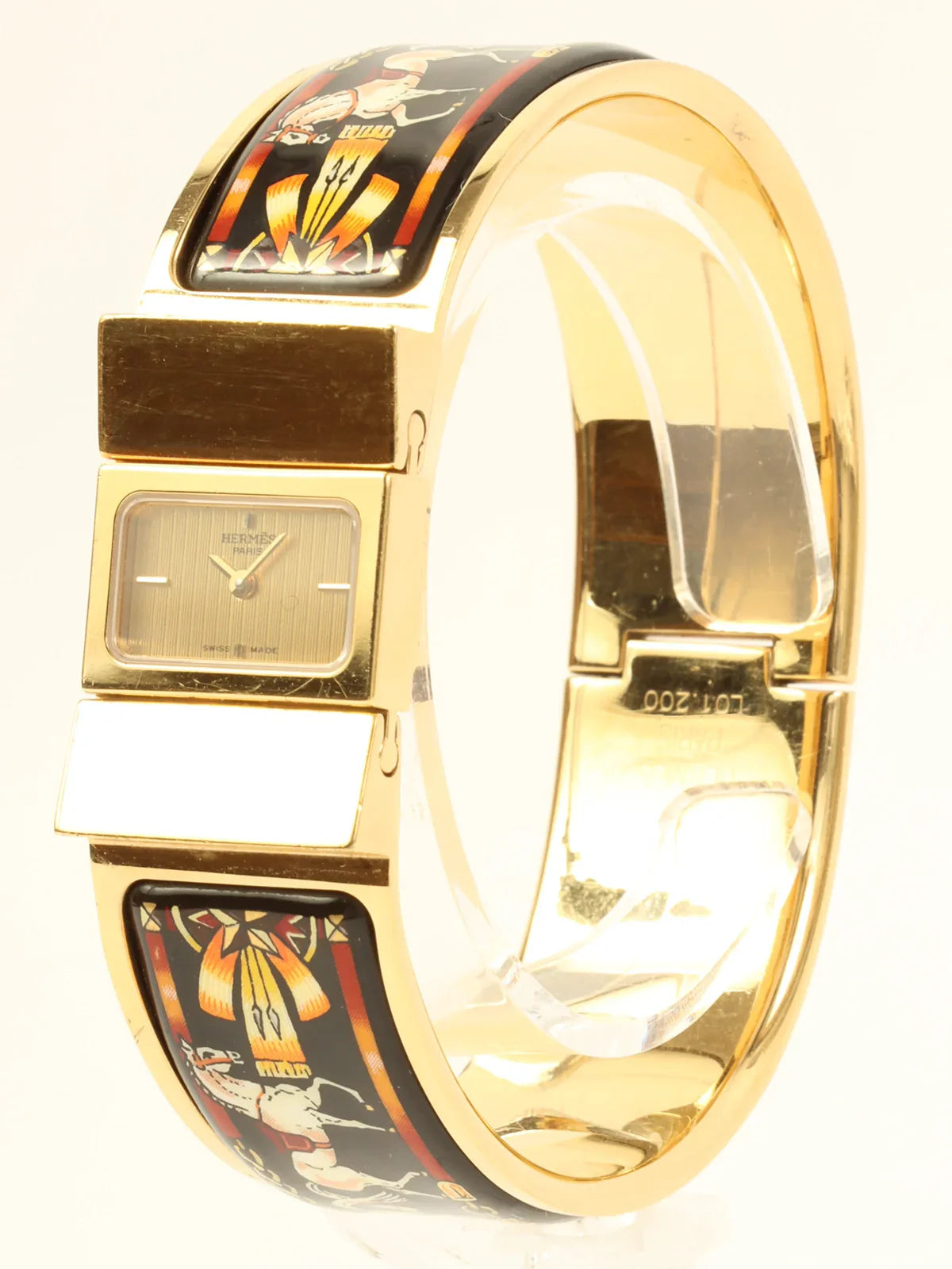 HERMES Loquet Enamel Bangle Watch Gold/Black