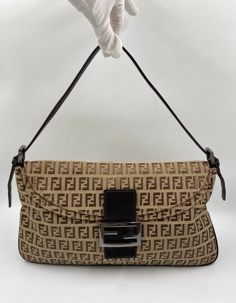 Fendi Vintage Zucchino Double Flap Bag in Classic Zucchino Beige Brown Canvas