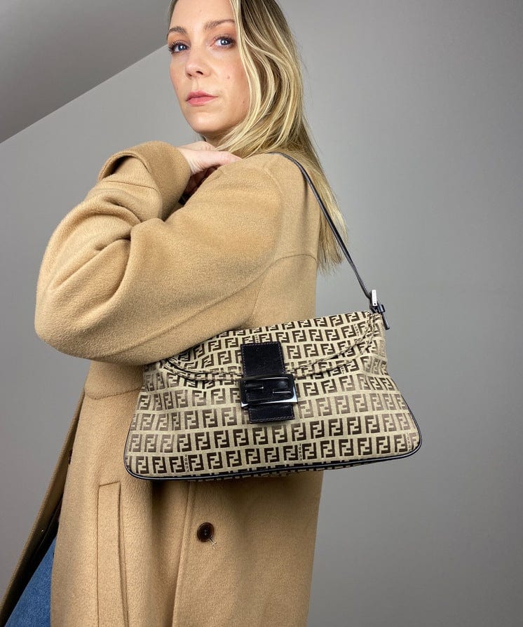 Fendi Vintage Zucchino Double Flap Bag in Classic Zucchino Beige Brown Canvas