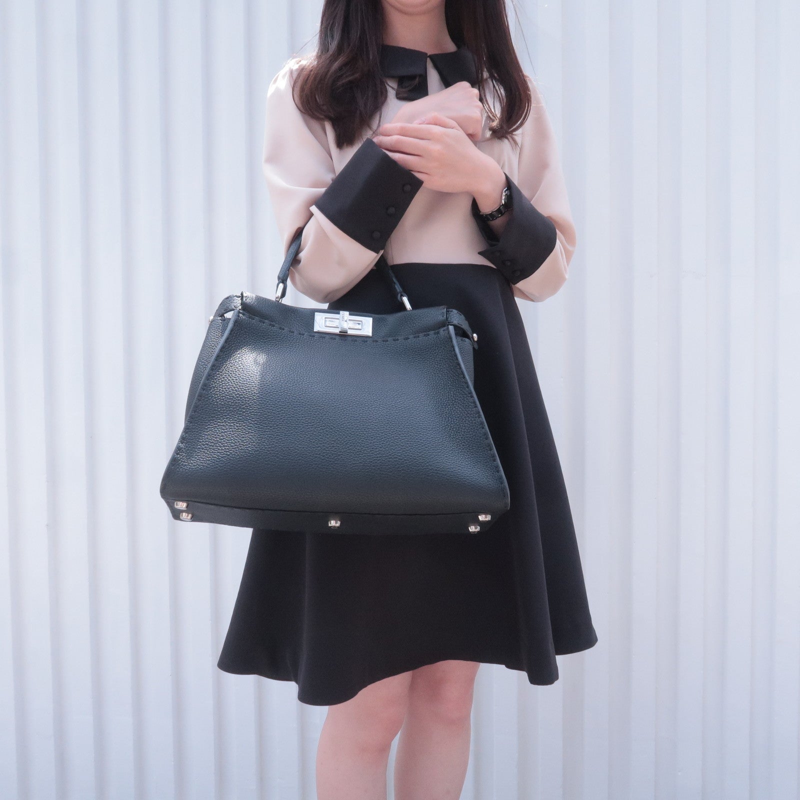 FENDI Selleria Leather Peekaboo Regular 2WAY Bag Black 8BN290
