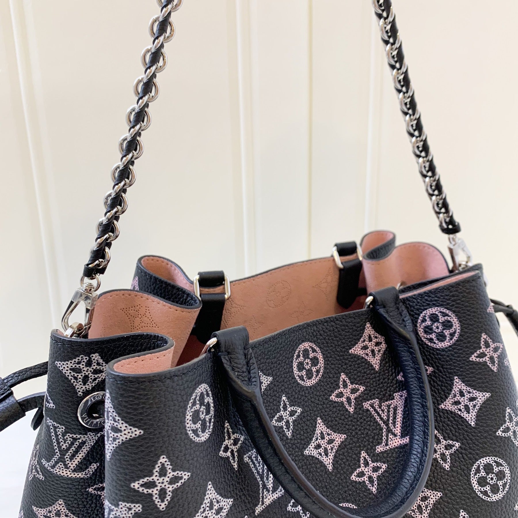 LV Bella Tote in Mahina Leather Black and Light Pink Mahina Leather