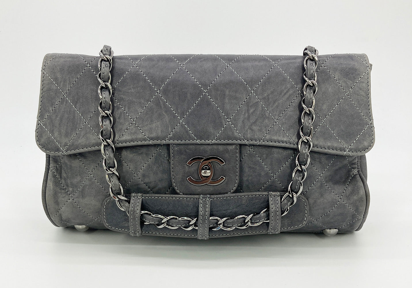 Chanel Gray Distressed Leather Quilted Classic Flap