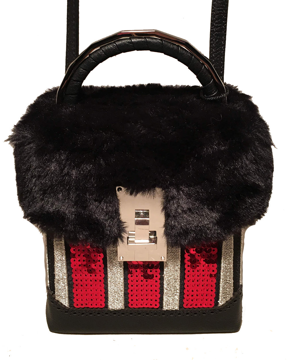 NWT The Volon Red Sequin & Black Fur Great Box Bag