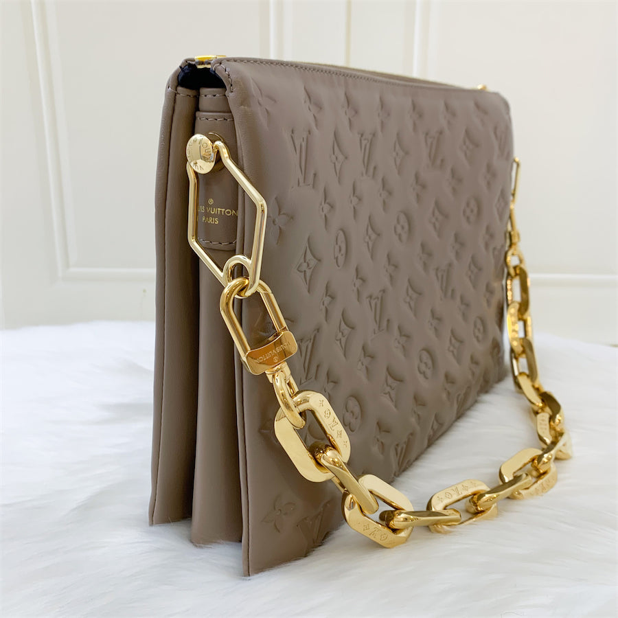 LV Coussin MM in Taupe Monogram-Embossed Puffy Lambskin GHW