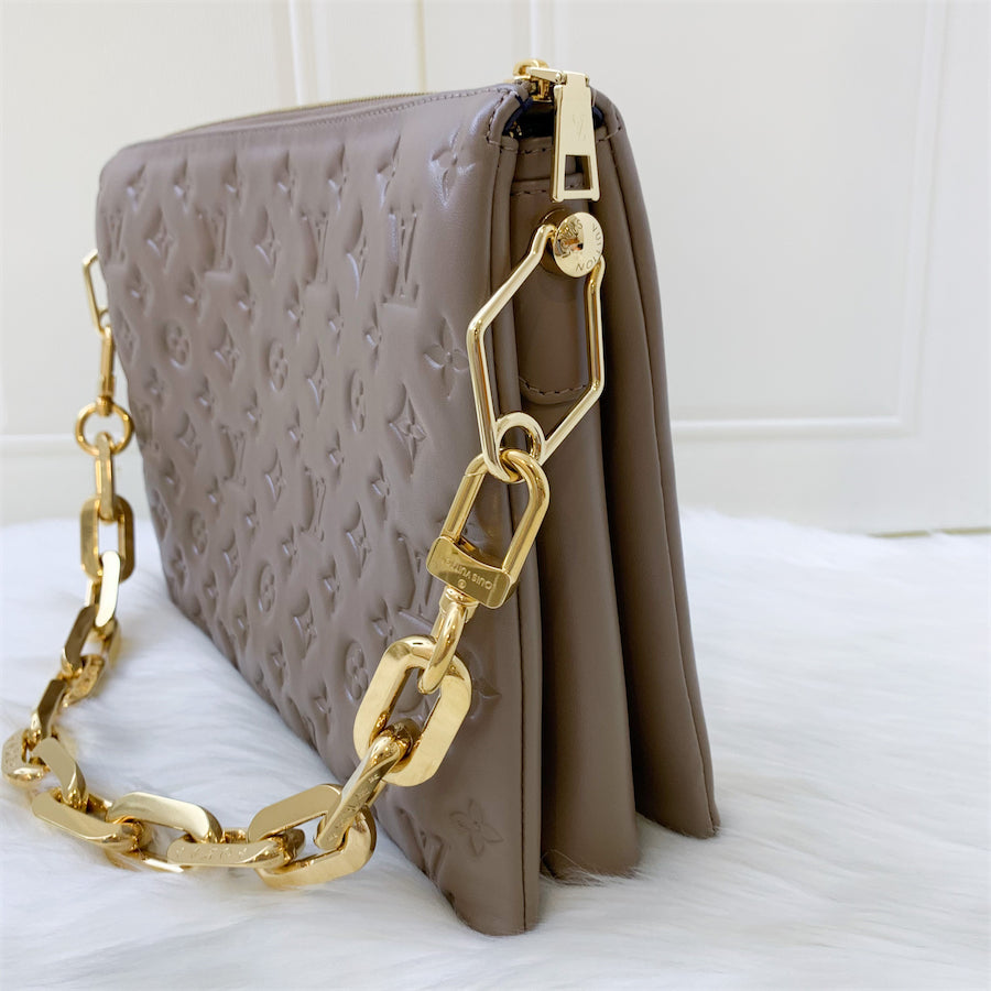 LV Coussin MM in Taupe Monogram-Embossed Puffy Lambskin GHW
