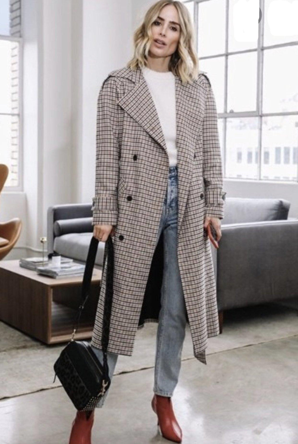 MUSTARD PLAID LONDON TRENCH COAT - SIZE MEDIUM