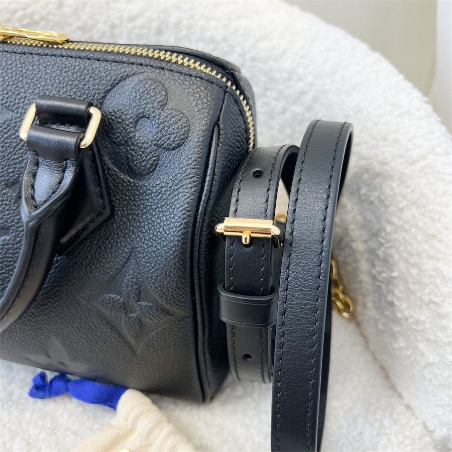 LV Speedy Bandouliere 20 in Black Monogram Empreinte Leather with Gold/Black Strap