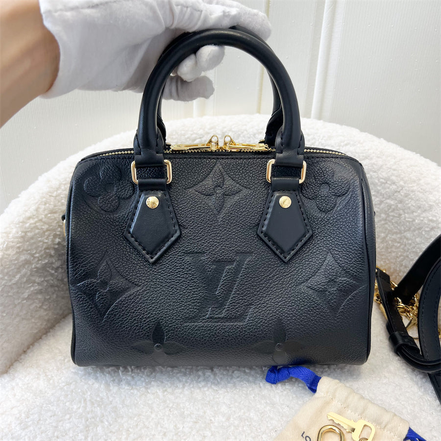 LV Speedy Bandouliere 20 in Black Monogram Empreinte Leather with Gold/Black Strap