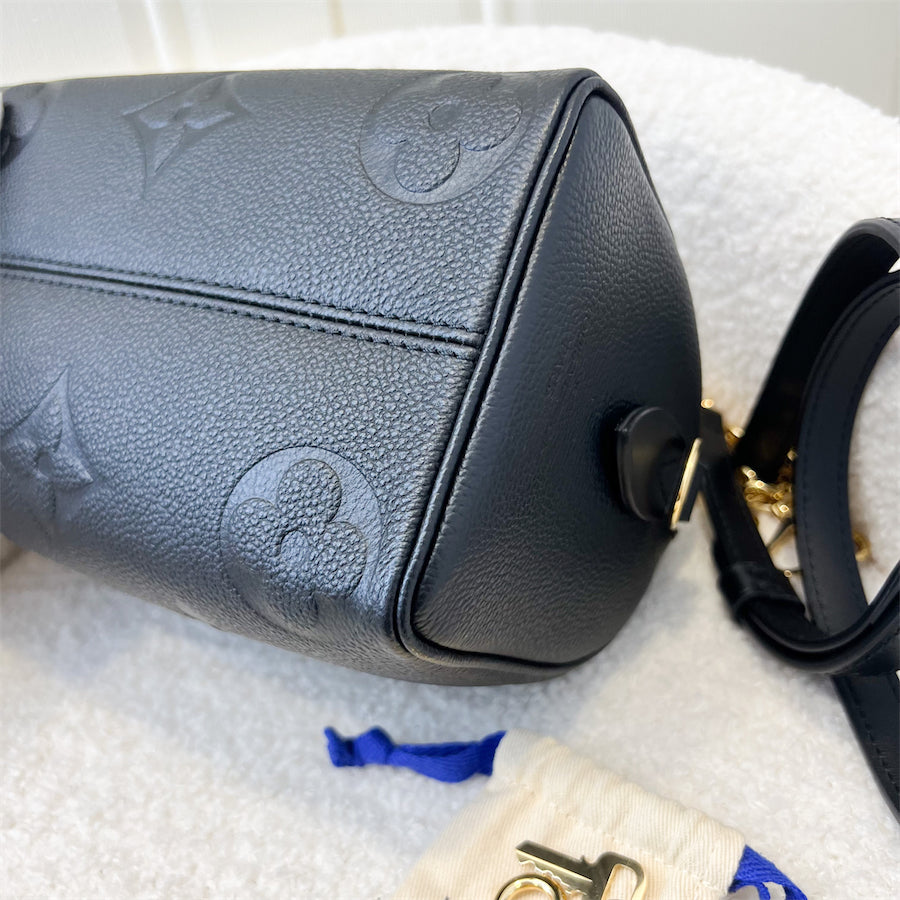LV Speedy Bandouliere 20 in Black Monogram Empreinte Leather with Gold/Black Strap