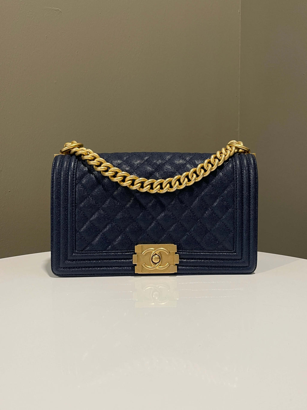 Chanel Quilted Boy Old Medium Navy Caviar