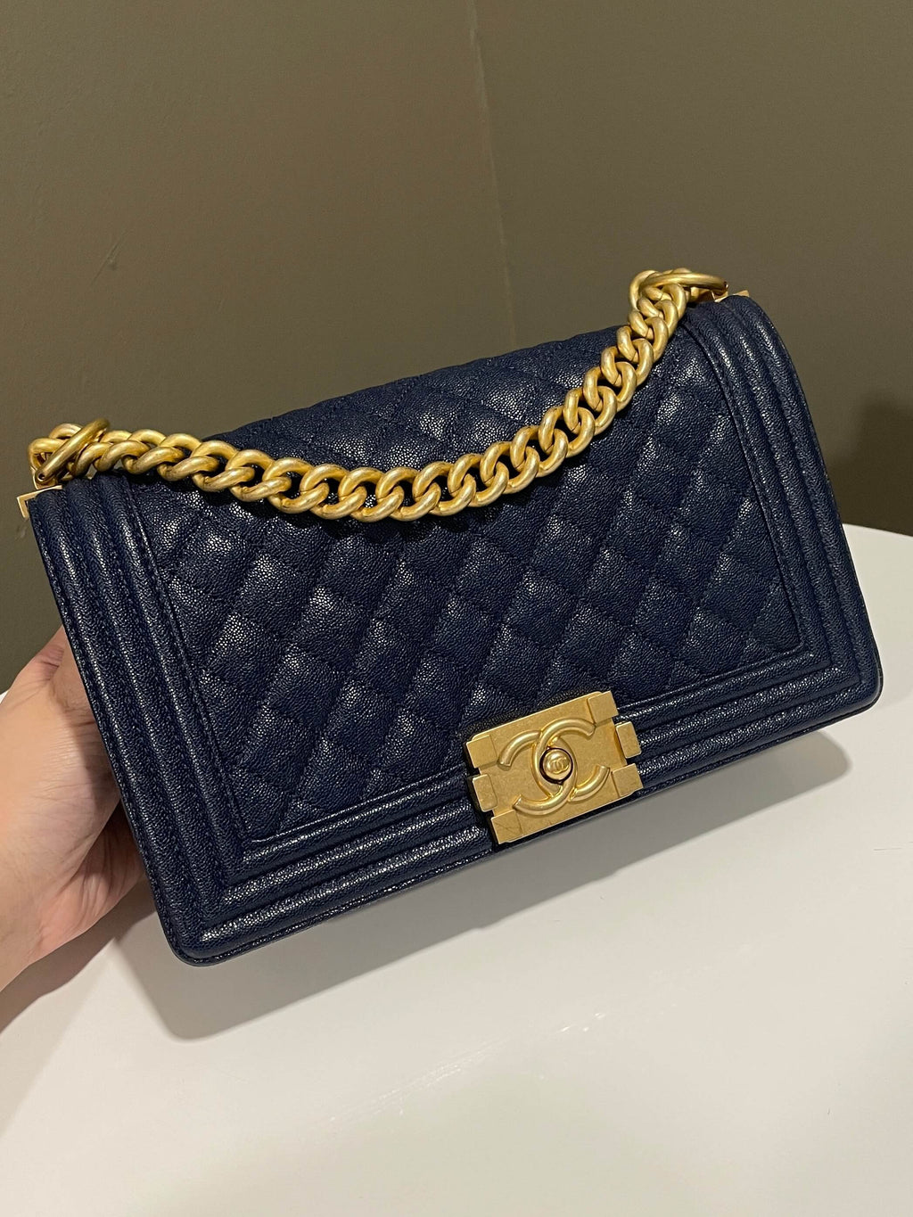Chanel Quilted Boy Old Medium Navy Caviar
