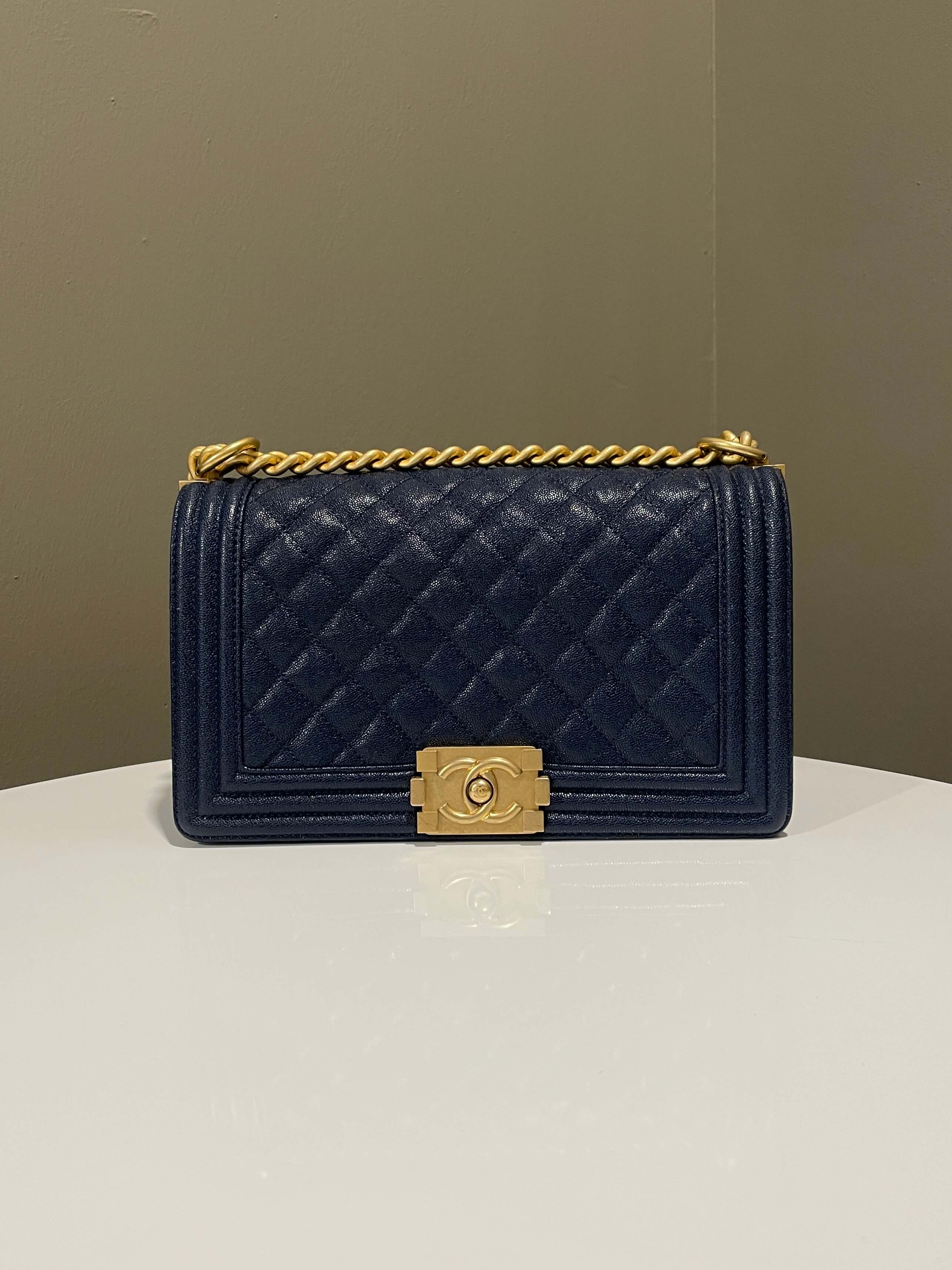 Chanel Quilted Boy Old Medium Navy Caviar