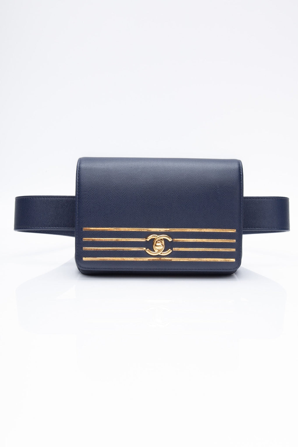 CHANEL Blue Navy Grained Calfskin Embroidered Captain Gold Flap Belt Bag