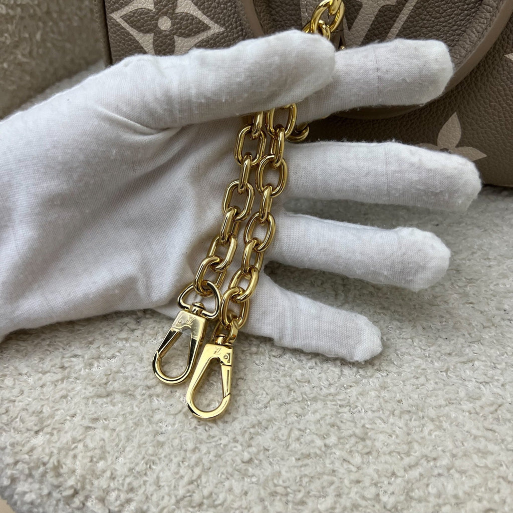 LV Speedy Bandouliere 20 in Tourterelle / Creme Giant Monogram Empreinte Leather and GHW